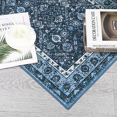 Vintage Medallion Washable Rug, Non-Slip Low Pile Carpet for Dining Room Office