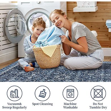 Vintage Medallion Washable Rug, Non-Slip Low Pile Carpet for Dining Room Office