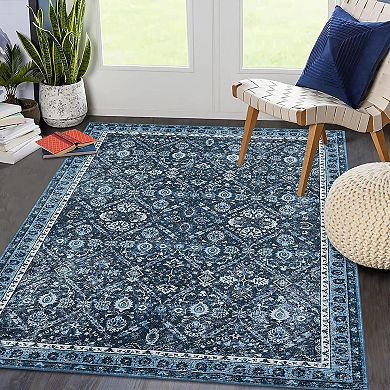 Vintage Medallion Washable Rug, Non-Slip Low Pile Carpet for Dining Room Office