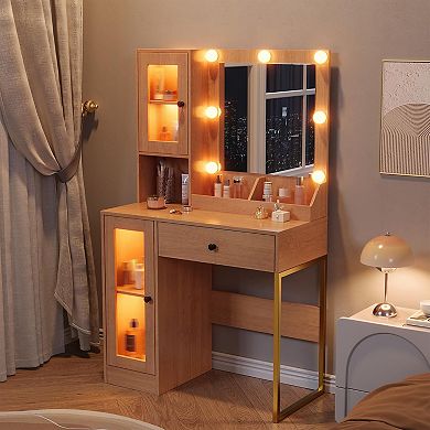 Vanity Desk with Mirror and Lights Elegant Makeup Vanity Table，Built-in Power Outlet & USB Ports