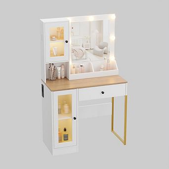 Vanity Desk with Mirror and Lights Elegant Makeup Vanity Table，Built-in Power Outlet & USB Ports