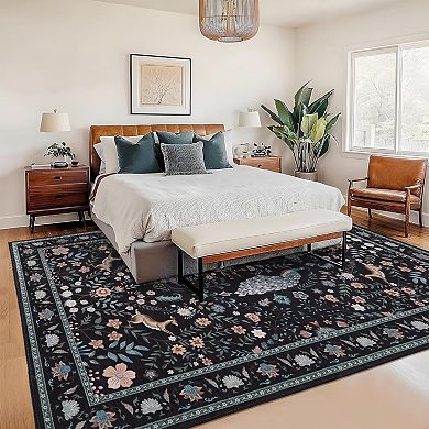 Peacock Floral Runner Rug, Washable Non Slip for Hallway Kitchen Nursery