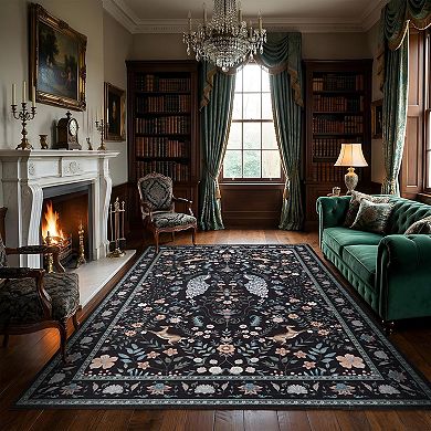 Peacock Floral Runner Rug, Washable Non Slip for Hallway Kitchen Nursery