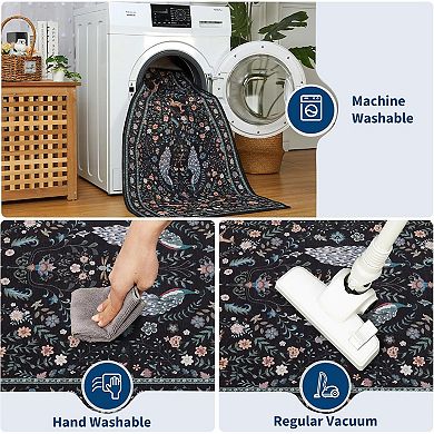 Peacock Floral Runner Rug, Washable Non Slip for Hallway Kitchen Nursery