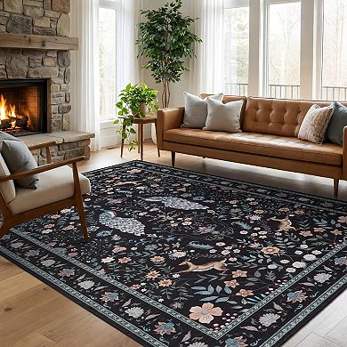 Peacock Floral Runner Rug, Washable Non Slip for Hallway Kitchen Nursery