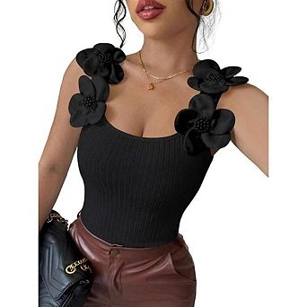 Womens Fashion 3D Floral Tank Top Scoop Neck Ribbed Sleeveless Camisole Slim Basic Cami Tee Shirts