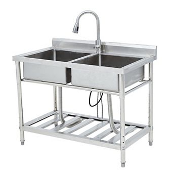 43" Freestanding Stainless Steel Utility Sink with Hot/Cold Faucet, Dual Bowls & Drain Kit