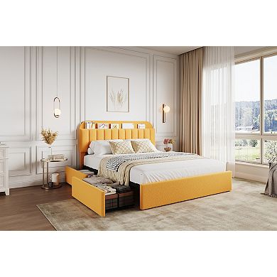 Modern Upholstered Platform Bed Frame with Storage Headboard, Easy Assembly, No Box Spring Needed