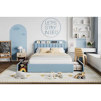 Modern Upholstered Platform Bed Frame with Storage Headboard, Easy Assembly, No Box Spring Needed