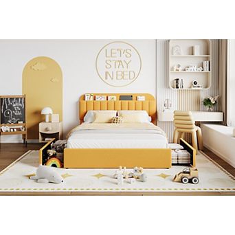 Modern Upholstered Platform Bed Frame with Storage Headboard, Easy Assembly, No Box Spring Needed