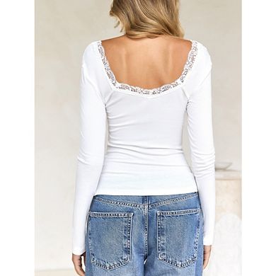 Womens Long Sleeve Shirts Crop Square Neck Ribbed Tops Basic Slim Fit Y2K Fall Clothes Outfits