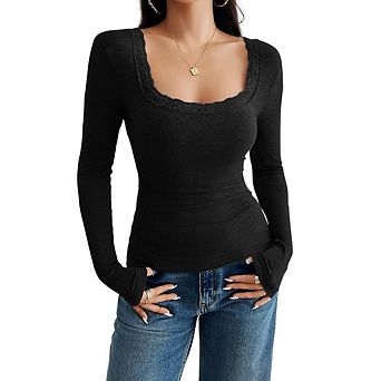 Womens Long Sleeve Shirts Crop Square Neck Ribbed Tops Basic Slim Fit Y2K Fall Clothes Outfits