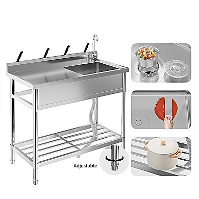 39x20x37" Stainless Steel Utility Sink with Workbench, Single Bowl Hot/Cold Faucet, Shelf