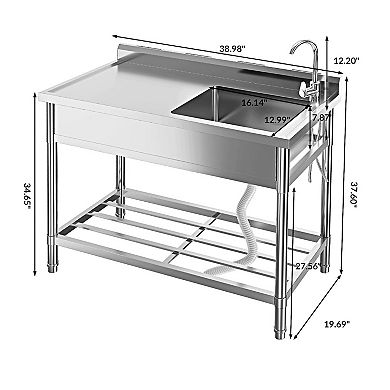 39x20x37" Stainless Steel Utility Sink with Workbench, Single Bowl Hot/Cold Faucet, Shelf