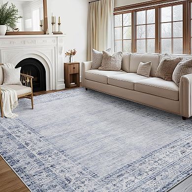Modern Washable Rug，Vintage Solid Rugs，Non-Shedding Stain Resistant Bordered Carpet