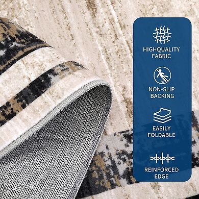 Washable Area Rug, Modern Border Soft Distressed Rug, Minimalist Non Slip Stain Resistant Carpet