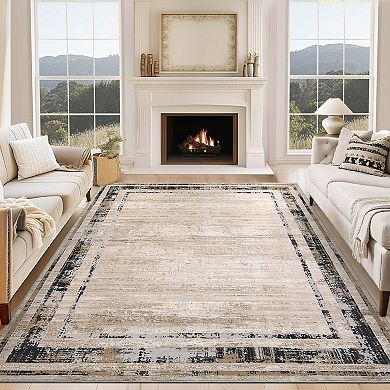 Washable Area Rug, Modern Border Soft Distressed Rug, Minimalist Non Slip Stain Resistant Carpet