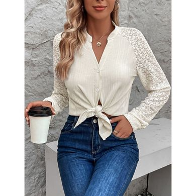Womens Lace Raglan Sleeve Blouse V Neck Button Front Texture Tie Front Casual Work Office Shirt