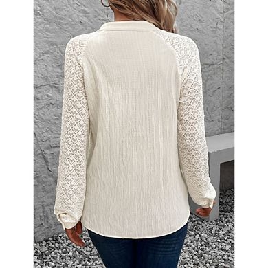 Womens Lace Raglan Sleeve Blouse V Neck Button Front Texture Tie Front Casual Work Office Shirt