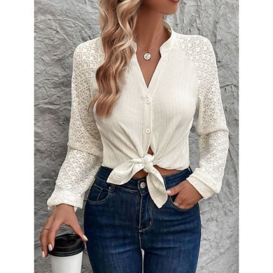 Womens Lace Raglan Sleeve Blouse V Neck Button Front Texture Tie Front Casual Work Office Shirt