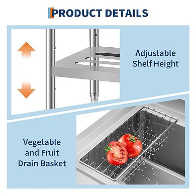 36" Freestanding Stainless Steel Utility Sink with Pull-Out Faucet, Shelf & Adjustable Legs