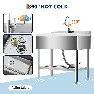 36" Freestanding Stainless Steel Utility Sink with Pull-Out Faucet, Shelf & Adjustable Legs
