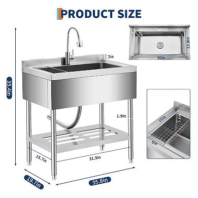 36" Freestanding Stainless Steel Utility Sink with Pull-Out Faucet, Shelf & Adjustable Legs
