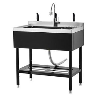 36" Freestanding Stainless Steel Utility Sink with Pull-Out Faucet, Shelf & Adjustable Legs