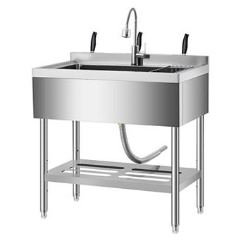 36" Freestanding Stainless Steel Utility Sink with Pull-Out Faucet, Shelf & Adjustable Legs