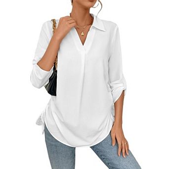 Women V Neck Long Sleeve Solid Color Shirt Pullover With Drawstring