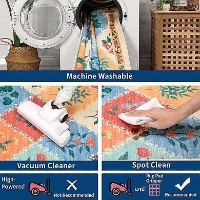 Vintage Bordered Washable Non Slip Area Rug with Rubber Back Low Pile Rugs