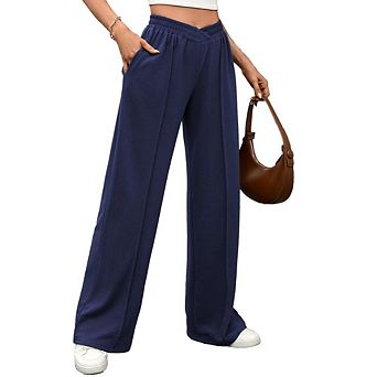 Womens High Waist Wide Leg Pants Elastic Waist Pleated Front Loose Casual Trousers for Daily Office