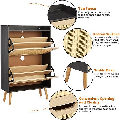 Shoe Cabinet with 2 Flip-Down Drawers, Rattan Shoe Rack, Storage Organizer for Entryway, Hallway