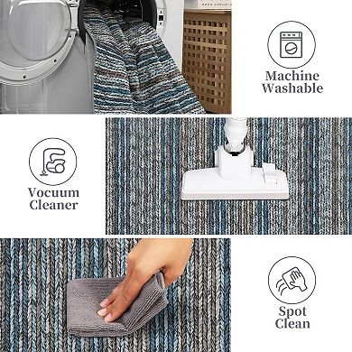 Modern Dinning Room Stripe Printed Area Rug Non Shedding Low Pile Carpet