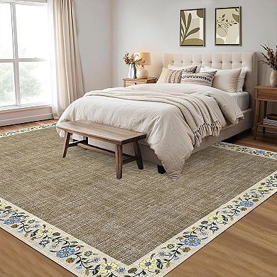 Floral Washable Rug with Non Slip TPR Backing, Soft Non Shedding Low Pile Carpet