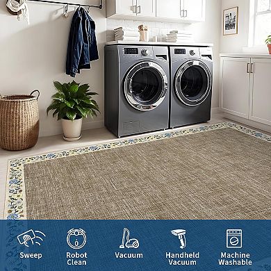 Floral Washable Rug with Non Slip TPR Backing, Soft Non Shedding Low Pile Carpet