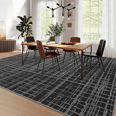 Washable Area Rugs, Foldable, Non-Slip, Low Pile Geometric Stripes for Bedroom, Dining Room