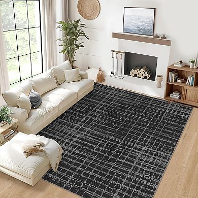 Washable Area Rugs, Foldable, Non-Slip, Low Pile Geometric Stripes for Bedroom, Dining Room