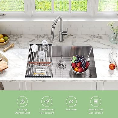 32" Undermount Single Bowl Kitchen Sink, 16-Gauge 304 Stainless Steel, 10" Deep w/Accessories
