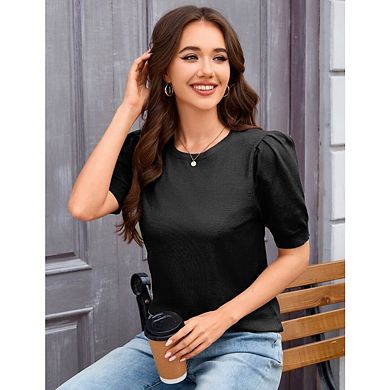 Women's Puff Short Sleeve Sweater Tops Knit Crew Neck Causal Work Blouses