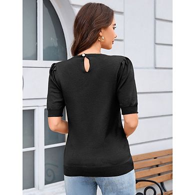 Women's Puff Short Sleeve Sweater Tops Knit Crew Neck Causal Work Blouses