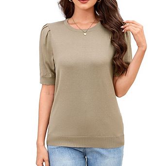 Women's Puff Short Sleeve Sweater Tops Knit Crew Neck Causal Work Blouses