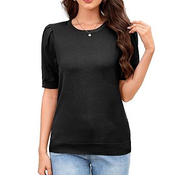 Women's Puff Short Sleeve Sweater Tops Knit Crew Neck Causal Work Blouses