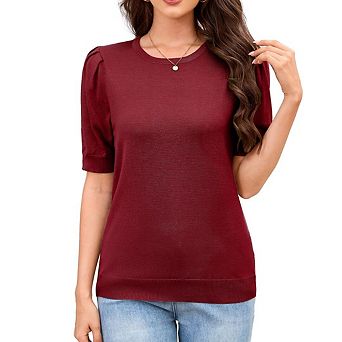 Women's Puff Short Sleeve Sweater Tops Knit Crew Neck Causal Work Blouses