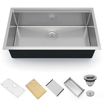 30" x 19" Undermount Workstation Kitchen Sink, Stainless Steel Single Bowl w/Cutting Board & Racks