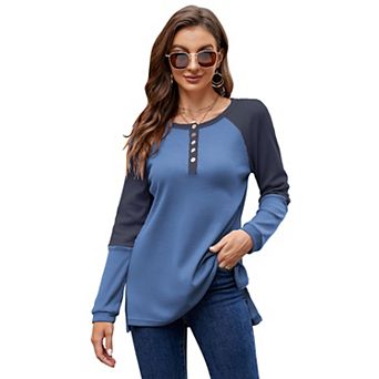 Women's Long Sleeve Waffle Henley Shirts Button Down Round Neck T Shirts Color Block Casual Blouses