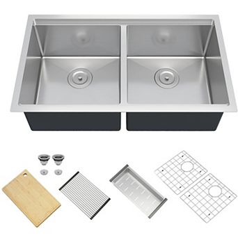33" x 19" Undermount Workstation Kitchen Sink, Stainless Steel Double Bowl w/Cutting Board & Racks