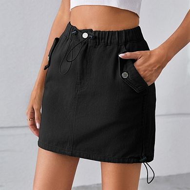 Women's Low Waist Side Drawstring Short Trendy A-Line Cargo Skirt with Pockets