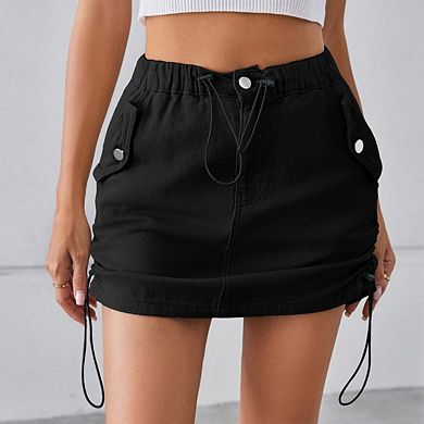 Women's Low Waist Side Drawstring Short Trendy A-Line Cargo Skirt with Pockets