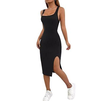 Women's Summer Dress Short Side Slit Skirt Square Neck Casual Slip Dresses